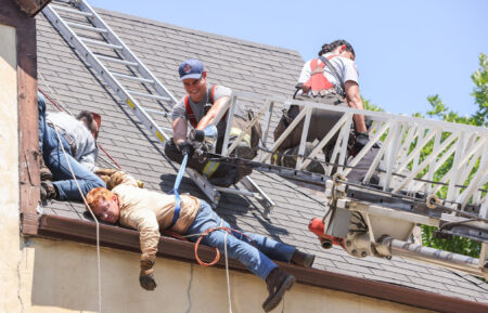 ames LeJune as Roofer, Alberto Rosende as Blake Gallo, Miranda Rae Mayo as Stella Kidd in Chicago Fire