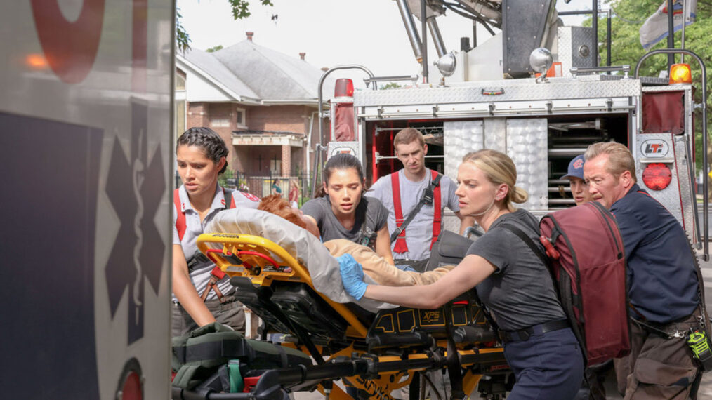 Miranda Rae Mayo as Stella Kidd, Hanako Greensmith as Violet, Kara Killmer as Sylvie Brett, Alberto Rosende as Blake Gallo, Christian Stolte as Mouch in Chicago Fire