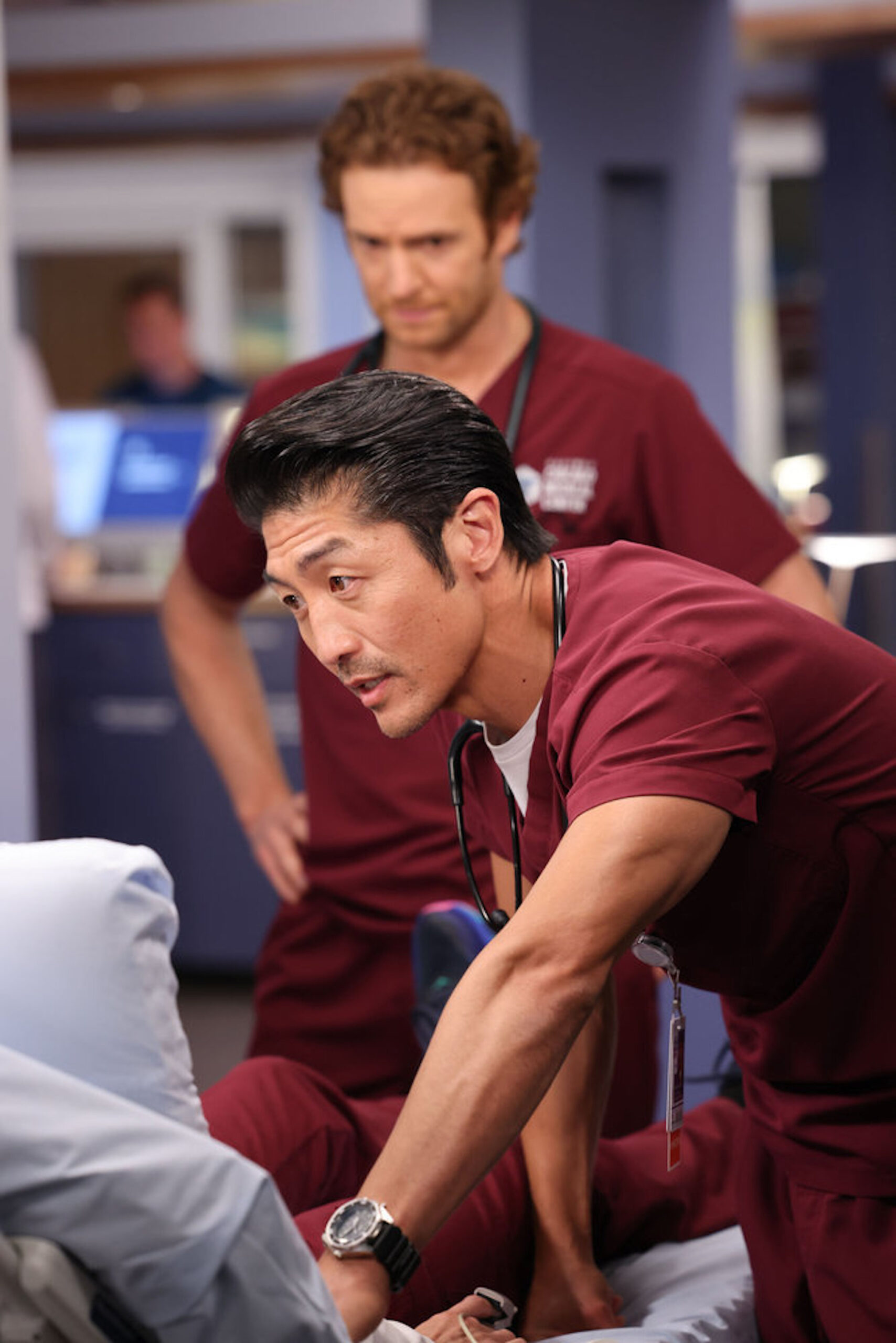 Nick Gehlfuss as Will Halstead, Brian Tee as Ethan Choi in Chicago Med