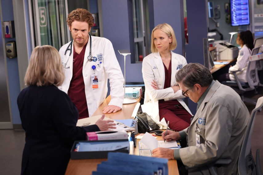 Jodi Kingsley as Madeline Woodward, Nick Gehlfuss as Will Halstead, Jessy Schram as Hannah Asher, Oliver Platt as Daniel Charles in Chicago Med