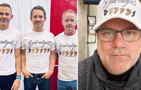 (L-R) Lord of the Rings stars Dominic Monaghan, Elijah Wood, Billy Boyd, and Sean Astin wearing Rings of Power fan merch