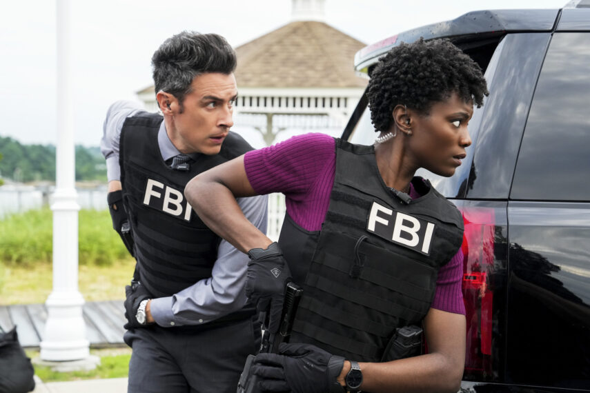 John Boyd as Special Agent Stuart Scola and Katherine Renee Turner as Special Agent Tiffany Wallace in FBI