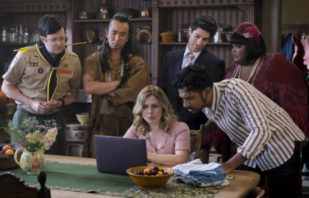 Richie Moriarty as Pete, Roman Zaragoza as Sasappis, Rose McIver as Samantha, Asher Grodman as Trevor, Utkarsh Ambudkar as Jay and Danielle Pinnock as Alberta in Ghosts