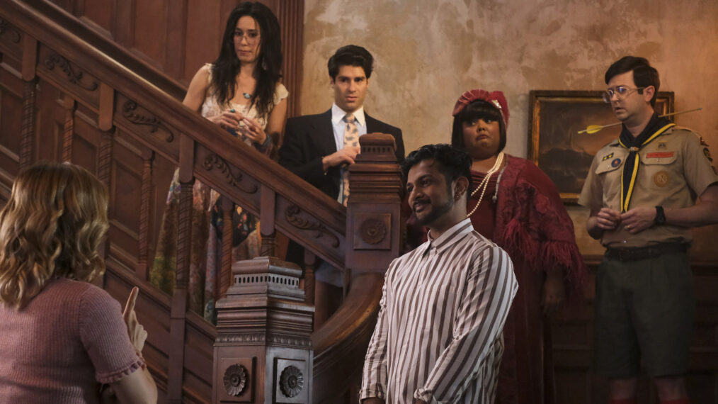 Rose McIver as Samantha, Sheila Carrasco as Flower, Asher Grodman as Trevor, Utkarsh Ambudkar as Jay, Danielle Pinnock as Alberta and Richie Moriarty as Pete in Ghosts