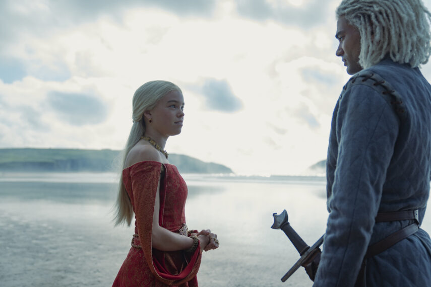 theo nate as laenor velaryon, milly alcock as rhaenyra targaryen