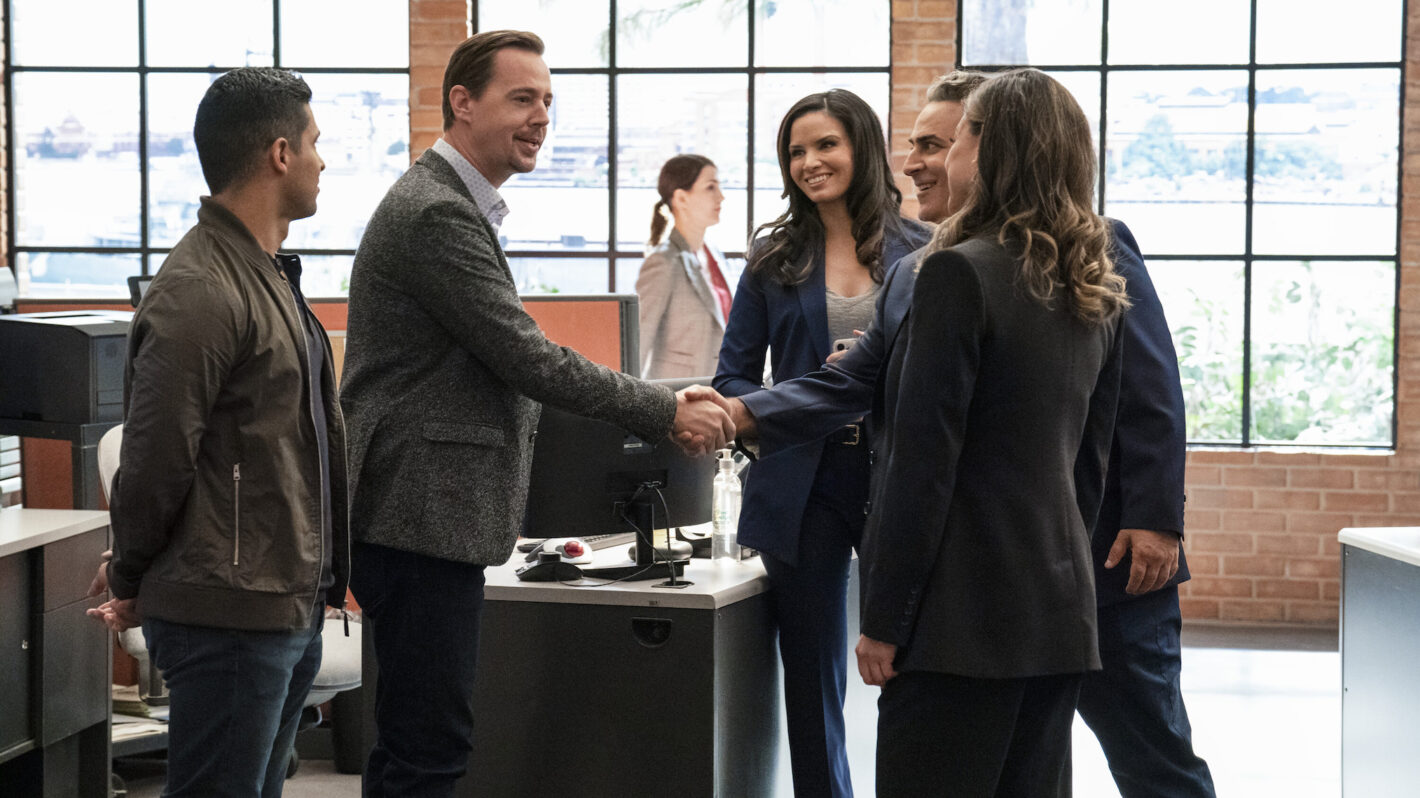 Wilmer Valderrama as Special Agent Nicholas “Nick” Torres, Sean Murray as Special Agent Timothy McGee, Katrina Law as NCIS Special Agent Jessica Knight, Jason Antoon as Ernie Malik, and Vanessa Lachey as Jane Tennant in NCIS