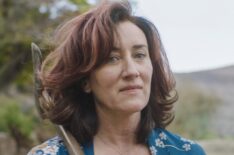 Maria Doyle Kennedy with a rooster and axe in Recipes for Love and Murder