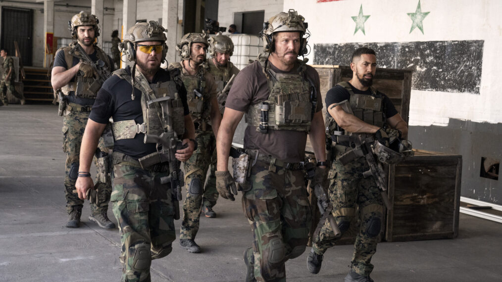 Raffi Barsoumian as Omar Hamza, AJ Buckley as Sonny Quinn, Justin Melnick as Brock, David Boreanaz as Jason Hayes, Neil Brown Jr. as Ray Perry in SEAL Team