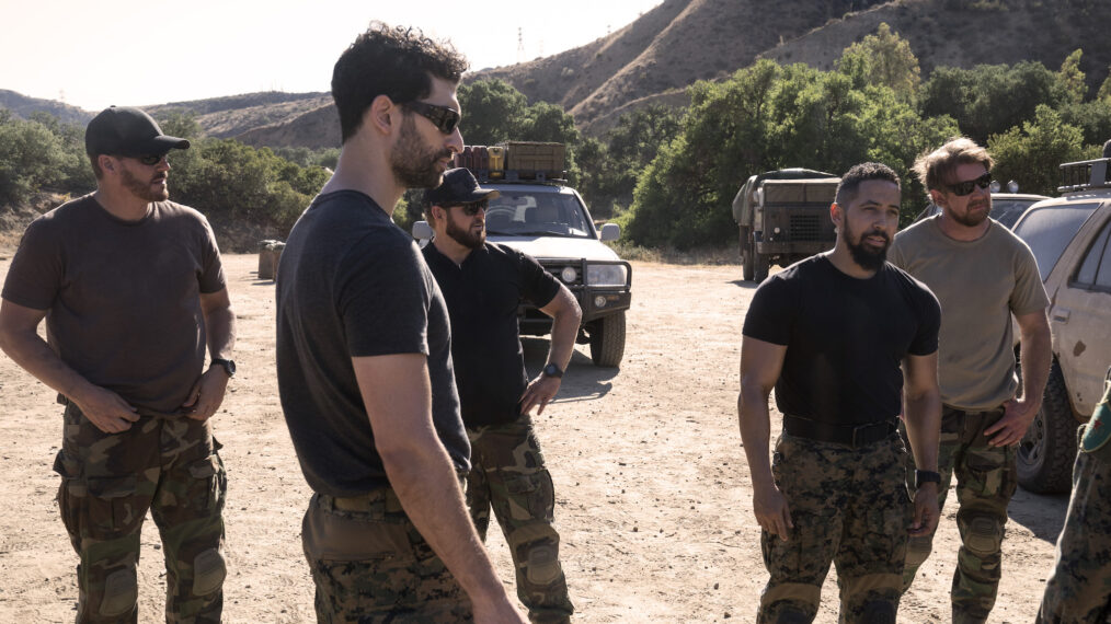 David Boreanaz as Jason Hayes, AJ Buckley as Sonny Quinn, Raffi Barsoumian as Omar Hamza, Neil Brown Jr. as Ray Perry, Tyler Grey as Trent in SEAL Team