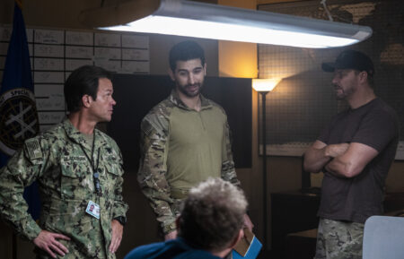 Judd Lormand as Eric Blackburn, Raffi Barsoumian as Omar Hamza, David Boreanaz as Jason Hayes in SEAL Team