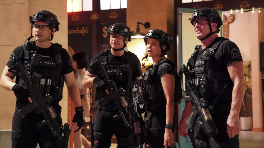 Alex Russell as Jim Street, Otis “Odie” Gallop as Sgt. Stevens, Anna Enger Ritch as Powell, and Kenny Johnson as Dominique Luca in SWAT