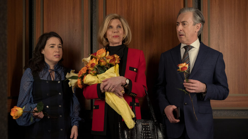 Sarah Steele as Marissa Gold, Christine Baranski as Diane Lockhart, and Alan Cumming as Eli Gold in The Good Fight