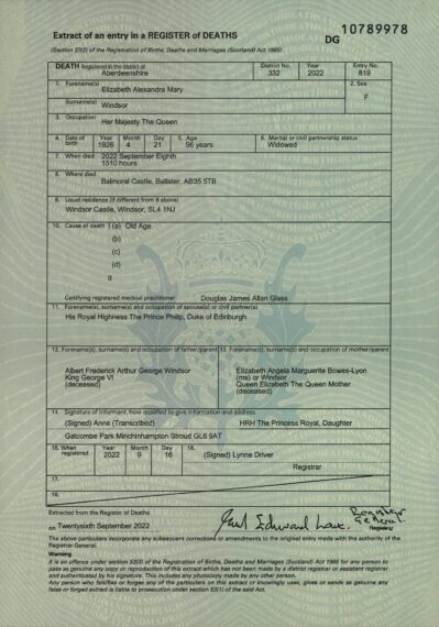 The Queen's death certificate