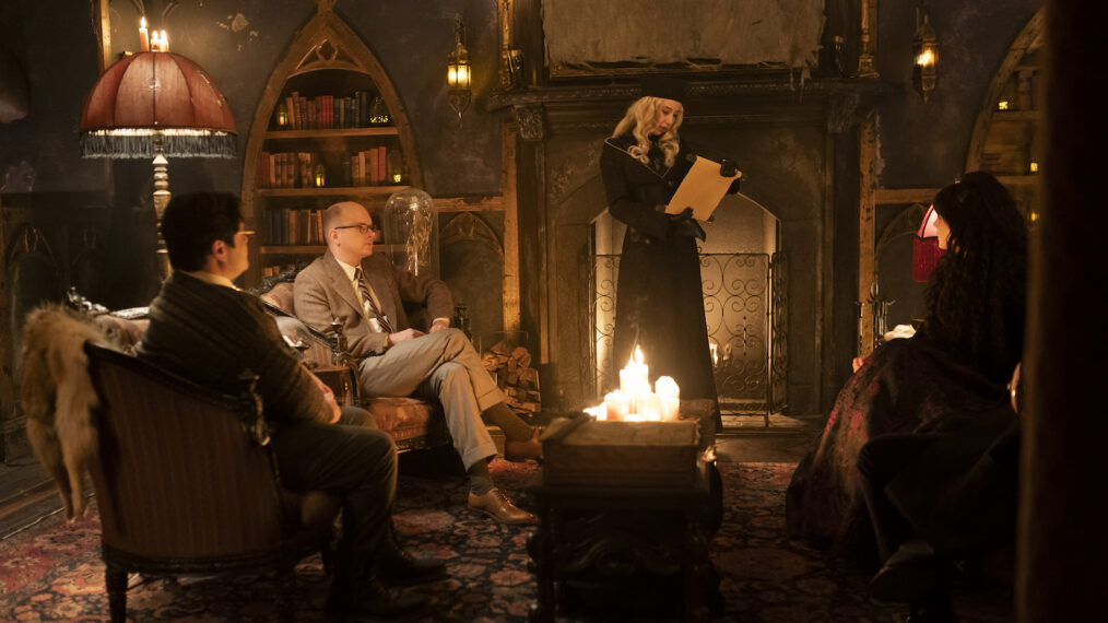 Harvey Guillén as Guillermo, Mark Proksch as Colin Robinson, Kristen Schaal as The Guide, Natasia Demetriou as Nadja in What We Do in the Shadows