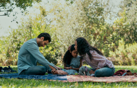 From Scratch. Eugenio Mastrandrea as Lino Ortolano, Isla Colbert as 7 Year Old Idalia, Zoe Saldana as Amy Wheeler in episode 107 of From Scratch. Cr. Jessica Brooks/Netflix © 2022