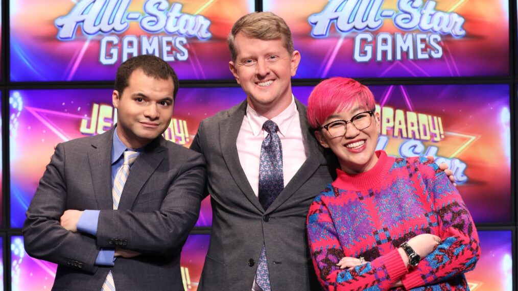 Monica Thieu with Ken Jennings and Matt Jackson on 'Jeopardy'