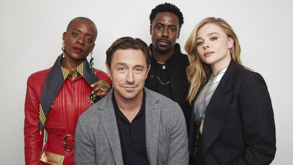 The cast of 'The Peripheral' at TV Insider's NYCC 2022 photo studio - T'nia Miller, JJ Feild, Gary Carr, Chloë Grace Moretz