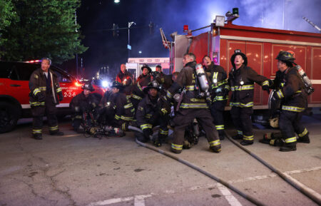 Christian Stolte as Randy “Mouch” McHolland, Jake Lockett as Sam Carver, Miranda Rae Mayo as Stella Kidd, Daniel Kyri as Darren Ritter, David Eigenberg as Christopher Herrmann in 'Chicago Fire'