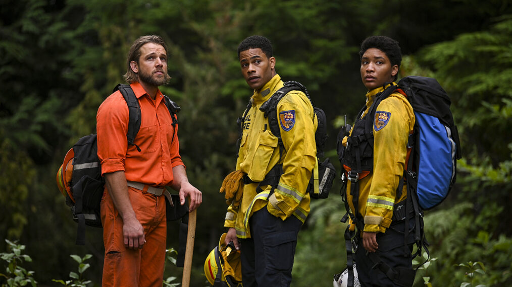 Max Thieriot as Bode Donovan, Jordan Calloway as Jake Crawford, and Jules Latimer as Eve Edwards in 'Fire Country'