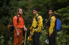 Max Thieriot as Bode Donovan, Jordan Calloway as Jake Crawford, and Jules Latimer as Eve Edwards in 'Fire Country'