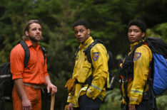 Max Thieriot as Bode Donovan, Jordan Calloway as Jake Crawford, and Jules Latimer as Eve Edwards in 'Fire Country'