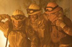 Jules Latimer as Eve Edwards, Jordan Calloway as Jake Crawford, and Max Thieriot as Bode Donovan in ‘Fire Country’