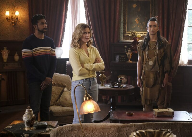 Utkarsh Ambudkar, Rose McIver, and Roman Zaragoza in 'Ghosts' Season 2