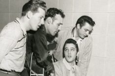 Jerry Lee Lewis, Carl Perkins, Elvis Presley, and Johnny Cash at the Sun Records studio in Memphis, 1956