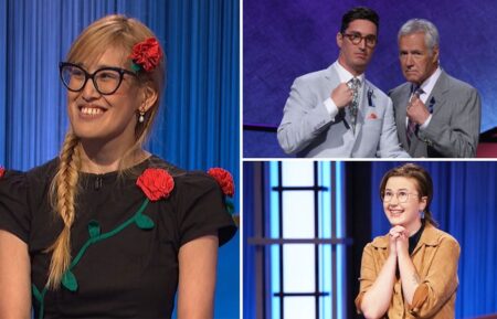 Cindy Zhang, Buzzy Cohen with Alex Trebek, and Mattea Roach on 'Jeopardy'
