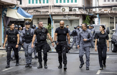 David Lim as Victor Tan, Jay Harrington as David “Deacon” Kay and Shemar Moore as Daniel “Hondo” Harrelson in S.W.A.T.