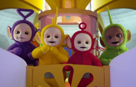 Jeremiah Krage as Tinky Winky, Rebecca Hyland as Laa-Laa, Rachelle Beinart as Po, and Nick Kellington as Dipsy in 'Teletubbies'