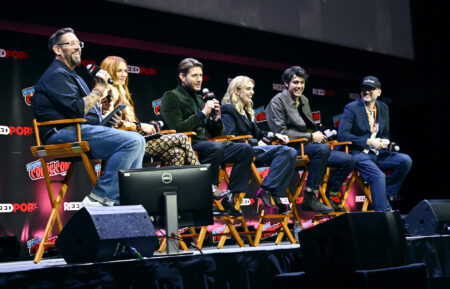 Damian Holbrook, Danneel Ackles, Jensen Ackles, Meg Donnelly, Drake Rodger and Robbie Thompson at The Winchesters NYCC Panel