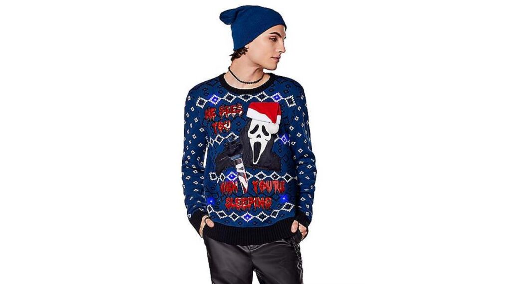 Light-Up He Sees You Ghost Face Ugly Christmas Sweater