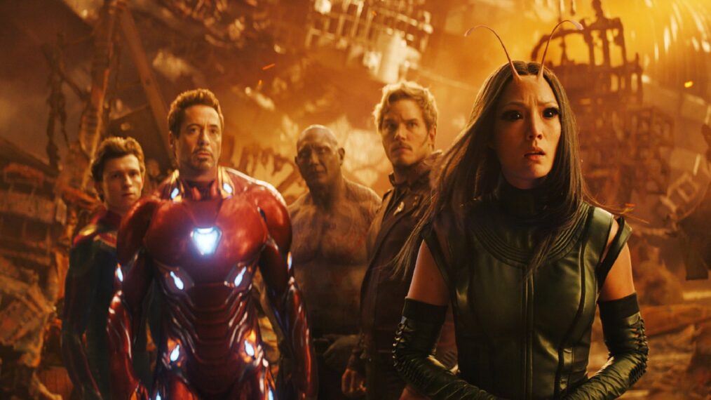 Tom Holland, Robert Downey Jr., Dave Bautista, Chris Pratt and Pom Klementieff in Avengers: Infinity War