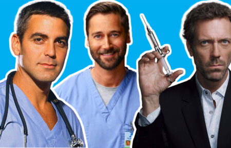 George Clooney in 'ER,' Ryan Eggold in 'New Amsterdam,' and Hugh Laurie in 'House'