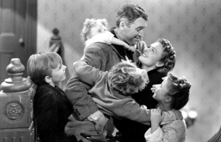 Larry Simms, Jimmy Hawkins, James Stewart, Donna Reed, and Karolyn Grimes in 'It's a Wonderful Life'