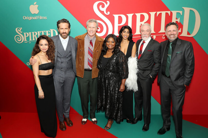 Aimee Carrero, Ryan Reynolds, Will Ferrell, Octavia Spencer, Sunita Mani, Patrick Page and Sean Anders at the 'Spirited' premiere on November 7, 2022 in New York City