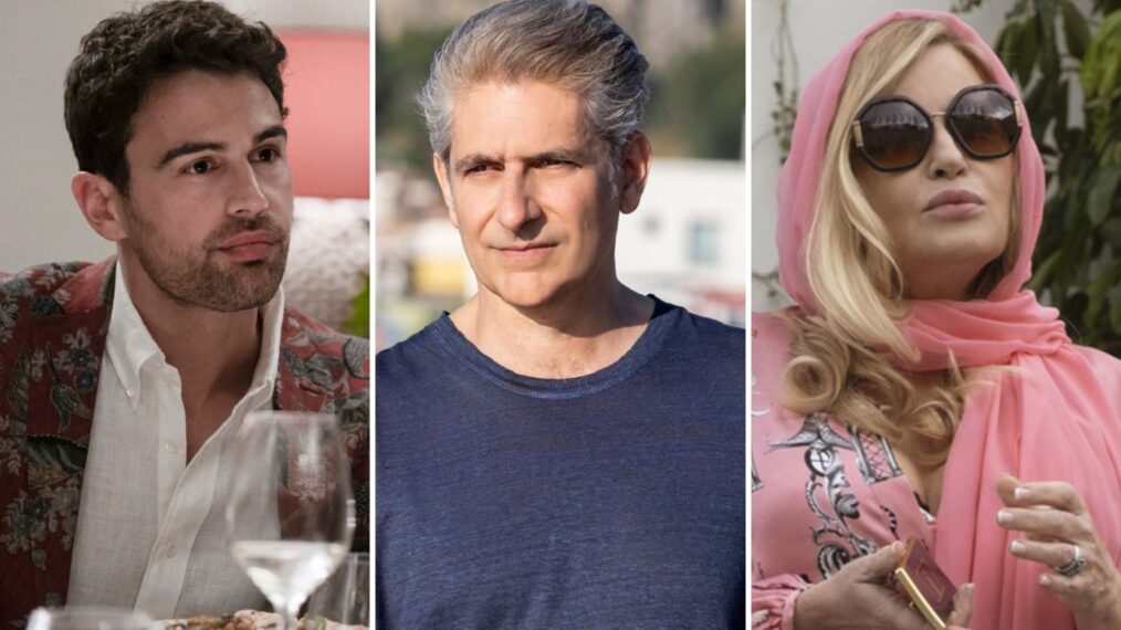 Theo James, Michael Imperioli, and Jennifer Coolidge in 'The White Lotus' Season 2