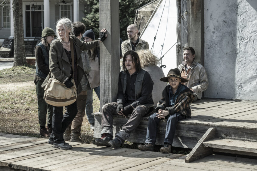 Melissa McBride as Carol Peletier, Norman Reedus as Daryl Dixon, Anthony Azor as RJ