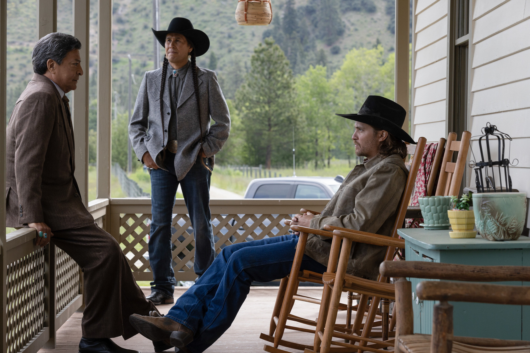 Gil Birmingham, Mo Brings Plenty, and Luke Grimes in 'Yellowstone'