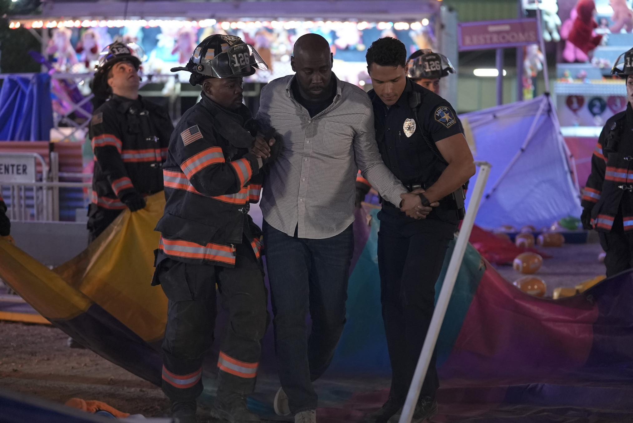 Brian Michael Smith, D.B. Woodside, and Rafael Silva in '9-1-1: Lone Star'