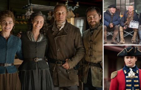 'Outlander' Stars Sophie Skelton, Caitriona Balfe, Sam Heughan, Richard Rankin, Mark Lewis Jones, John Bell, and Charles Vandervaart on the set of Season 7