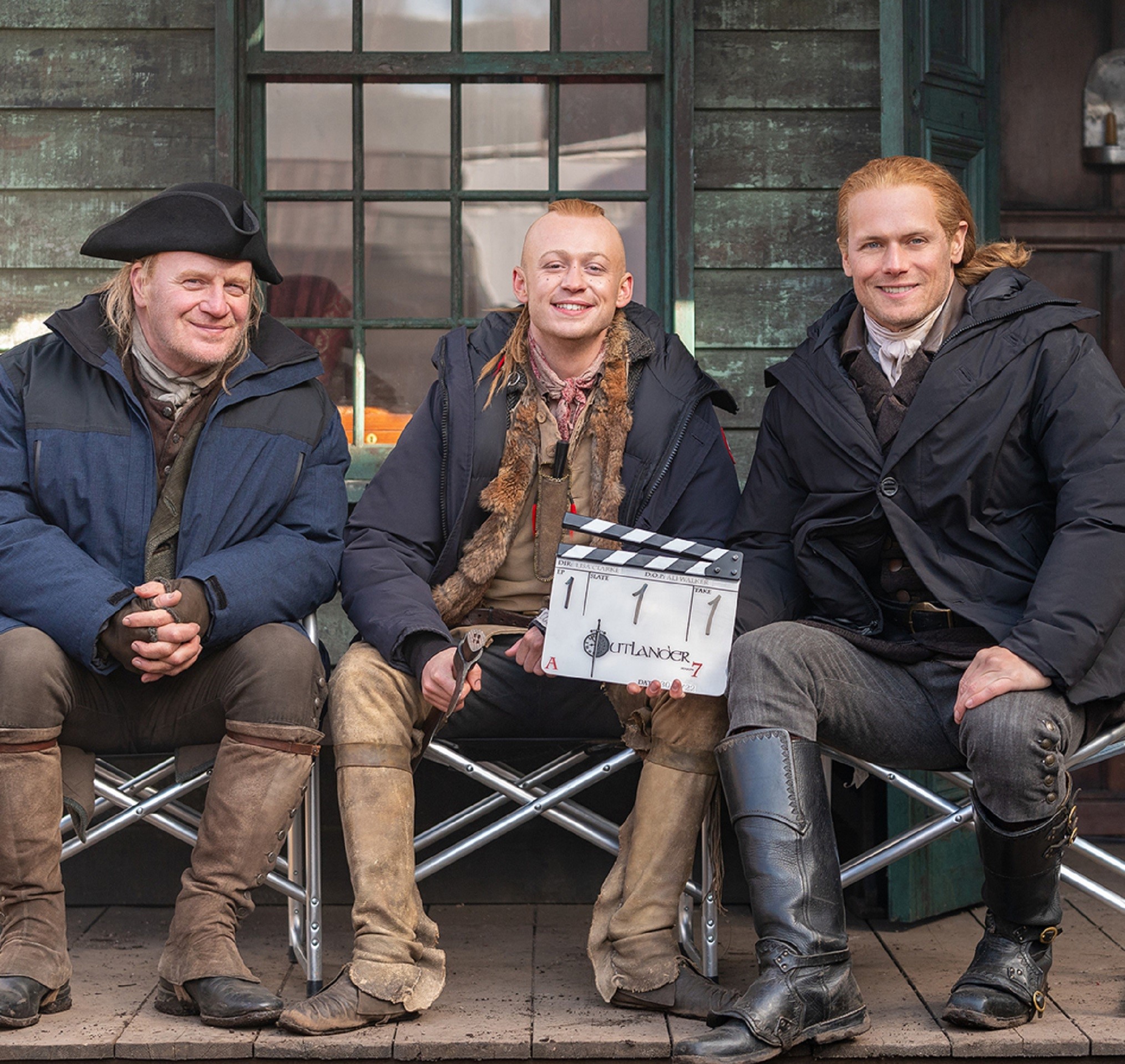 Mark Lewis Jones, John Bell, and Sam Heughan on the set of 'Outlander'