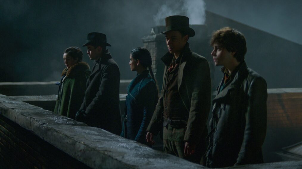 Danielle Galligan as Nina Zenik, Freddy Carter as Kaz Brekker, Amita Suman as Inej Ghafa, Kit Young as Jesper Fahey, Jack Wolfe as Wylan in 'Shadow and Bone'