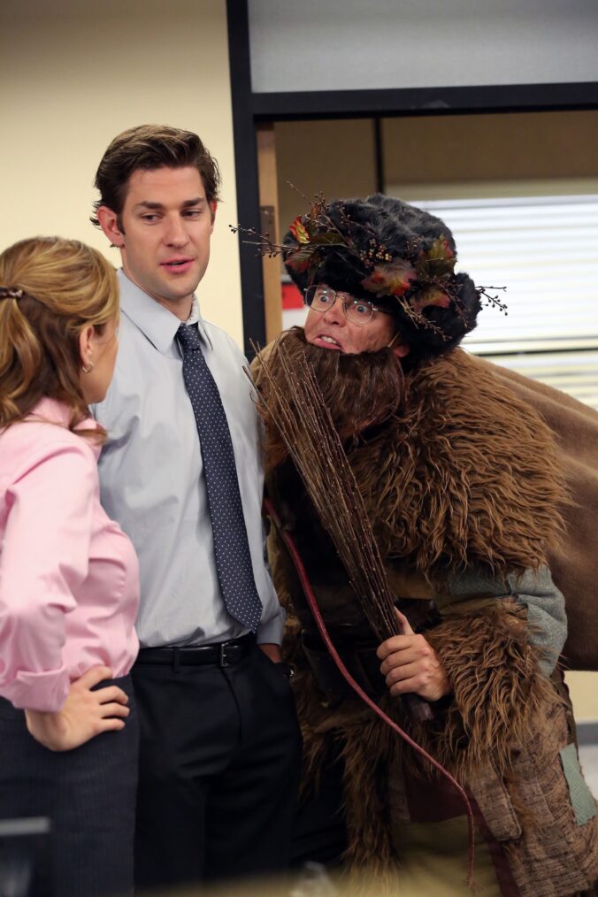 Jenna Fischer, John Krasinski, and Rainn Wilson in the 'Dwight Christmas' episode of 'The Office'