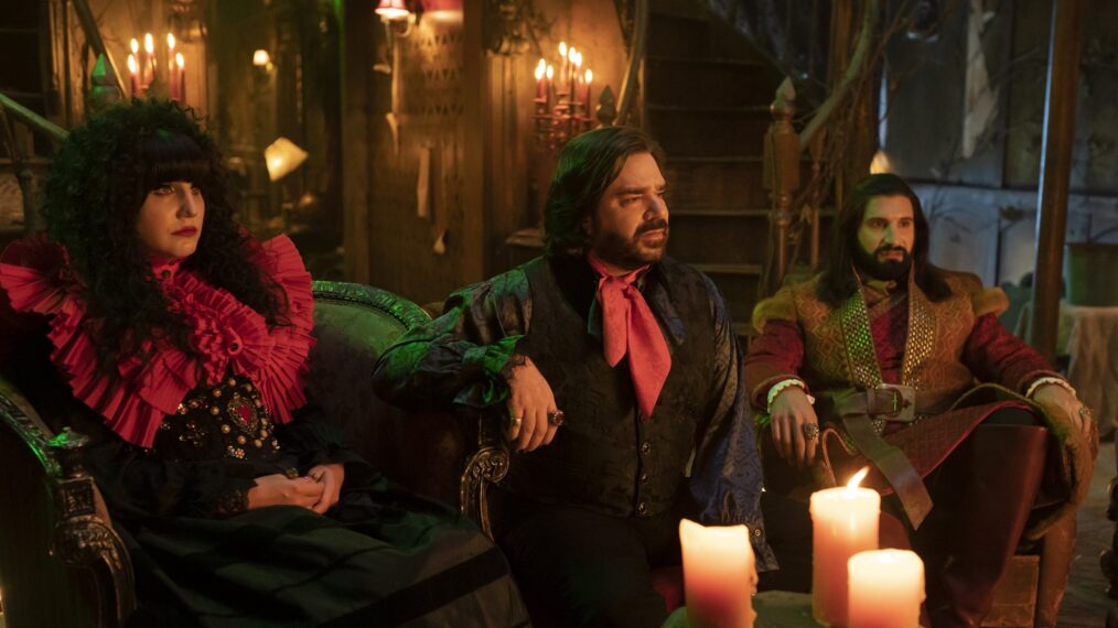 Natasia Demetriou, Matt Berry, and Kayvan Novak in 'What We Do in the Shadows'