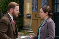 Samuel West as Siegfried Farnon and Anna Madeley as Mrs Hall in All Creatures Great and Small Season 3.
