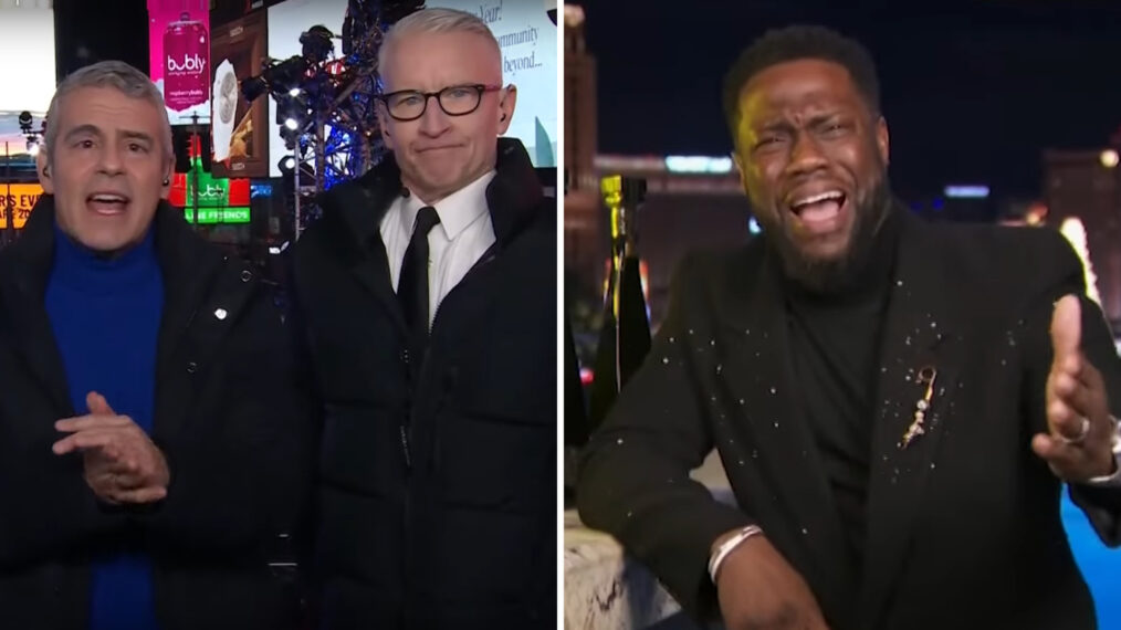 Andy Cohen and Anderson Cooper talk with Kevin Hart during New Year's Eve Show