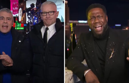 Andy Cohen and Anderson Cooper talk with Kevin Hart during New Year's Eve Show