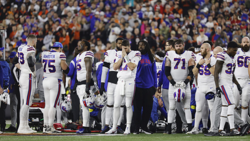 Buffalo Bills players react after teammate Damar Hamlin #3 was injured against the Cincinnati Bengals during the first quarter at Paycor Stadium on January 02, 2023 in Cincinnati, Ohio